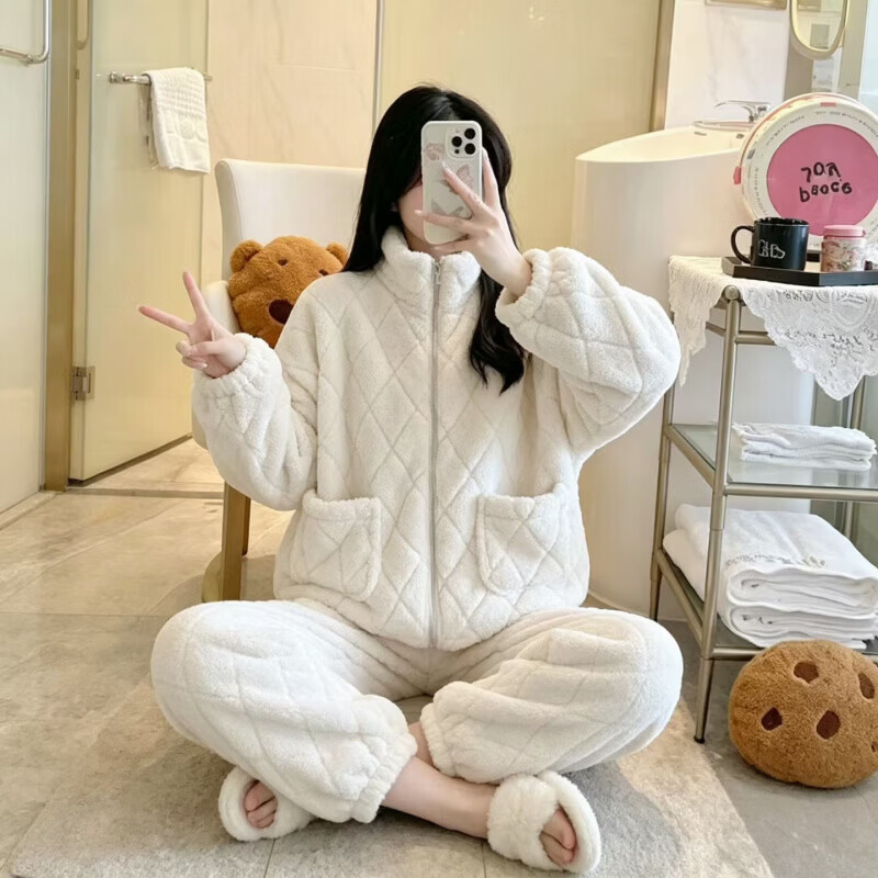 有只绵秋冬保暖珊瑚绒睡衣套装女加绒立领拉链双口袋居家服可外穿 粉色(菱形格套装加厚款) M 特厚约1000g (建议100-120斤)
