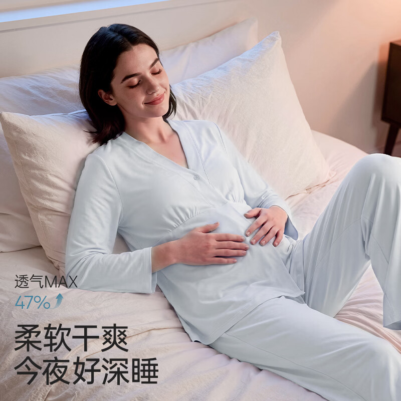ROVO月子服哺乳睡衣带胸垫怀孕期产后喂奶孕妇家居服套装 AM66763海盐蓝 XXL