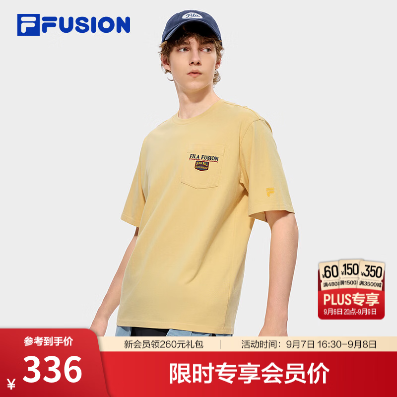 FILA FUSION 斐乐潮牌短袖T恤26秋季新款男士针织休闲纯棉宽松 豆乳黄-YE L 175/96A/L