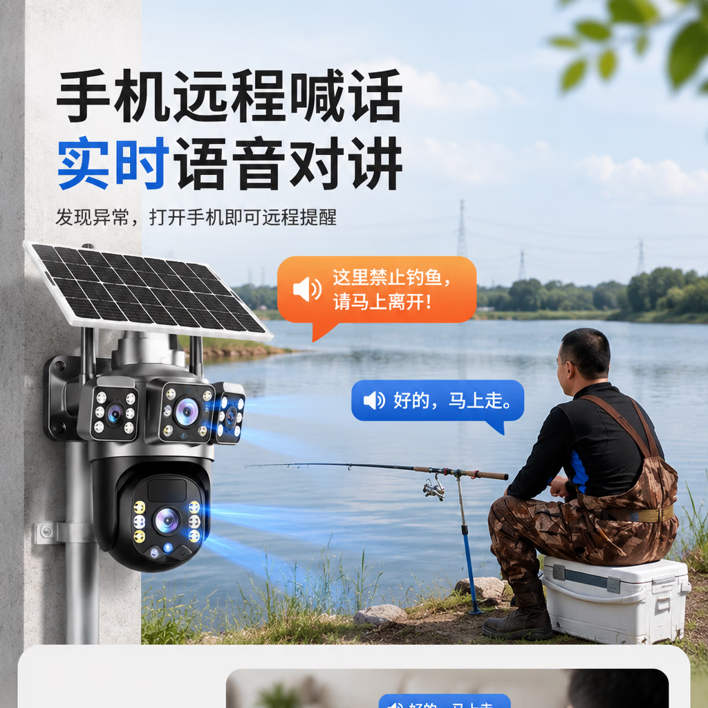 猎腾【无电无网适用】太阳能监控摄像头360度全景无死角全彩夜视追踪终身免流量室外农村户外高清 三画面+双镜头-双太阳能板 终生免流量不用WiFI