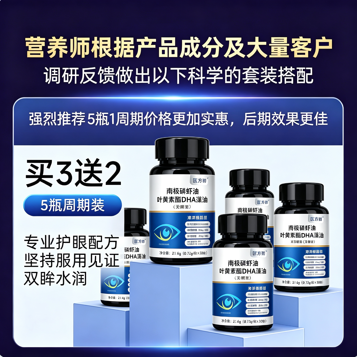 医方初南极磷虾油叶黄素酯胶囊官方正品磷虾油叶黄素DHA眼疲劳呵护视力 30粒*5瓶 【买三送二】