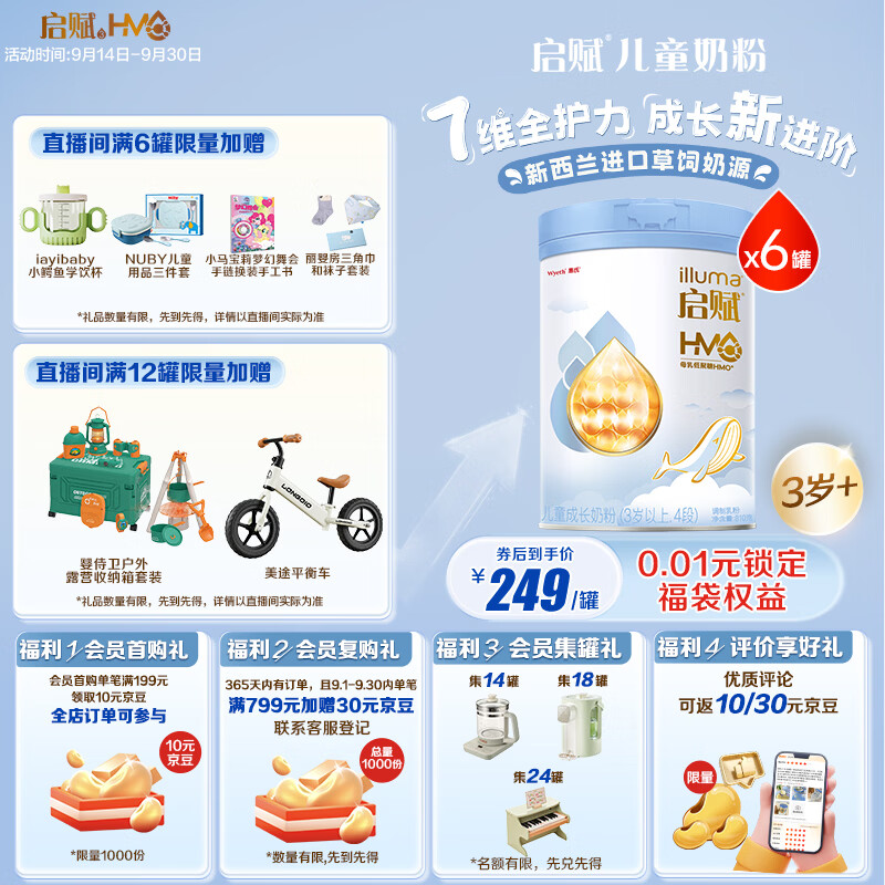 惠氏（Wyeth）【全新7维进阶】启赋蓝钻4段 HMO儿童成长奶粉810g*6罐