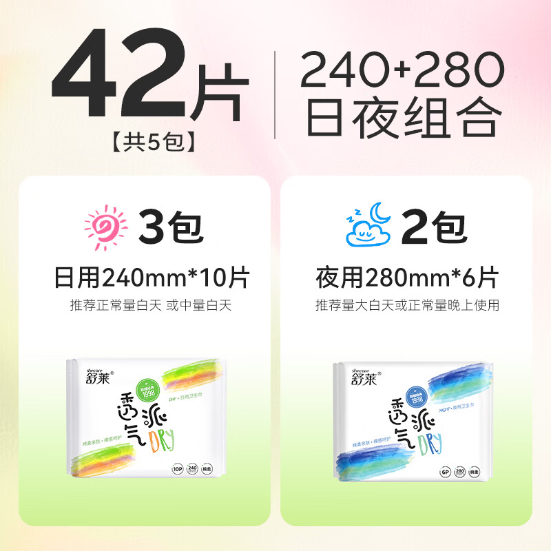 舒莱透气派干爽卫生巾瞬吸轻薄姨妈巾日用夜用组合批发装 【透气干爽】日夜5包42片