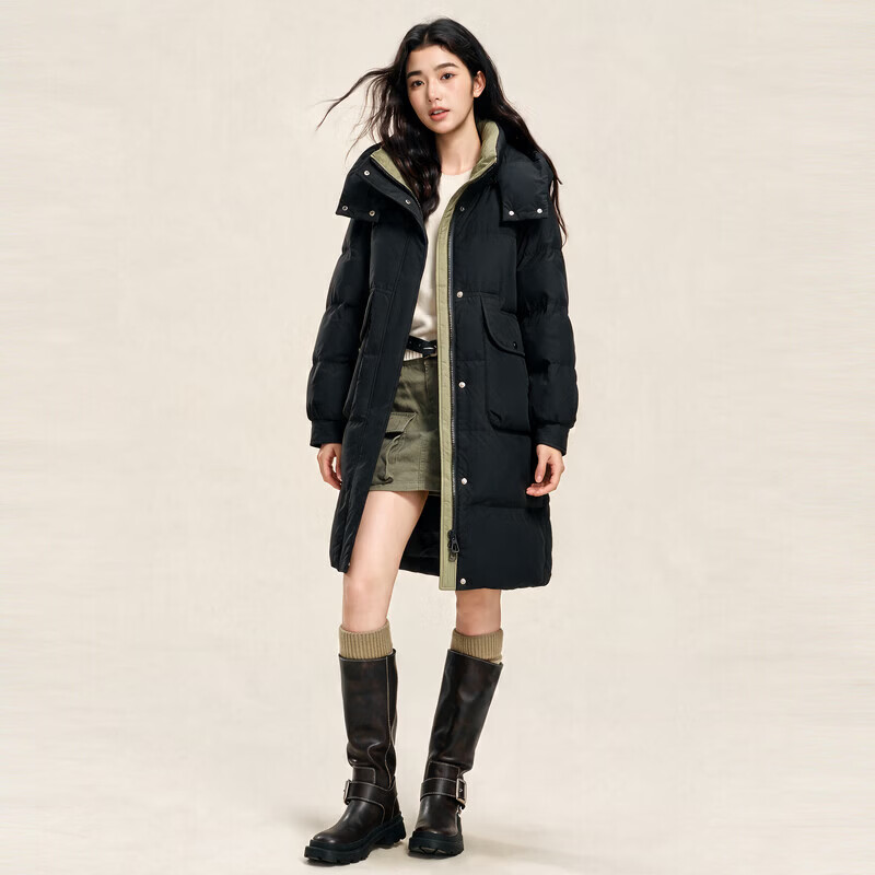 雪中飞冬新款女羽绒服连帽百搭大口袋加厚90绒保暖宽松简约韩版中长款 黑色|8056 M /160/84A