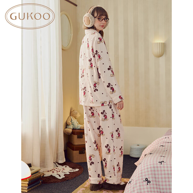 果壳(Gukoo)睡衣女冬季迪士尼米奇毛绒保暖翻领卡通满印女士家居服套装D 小麦色套装 M