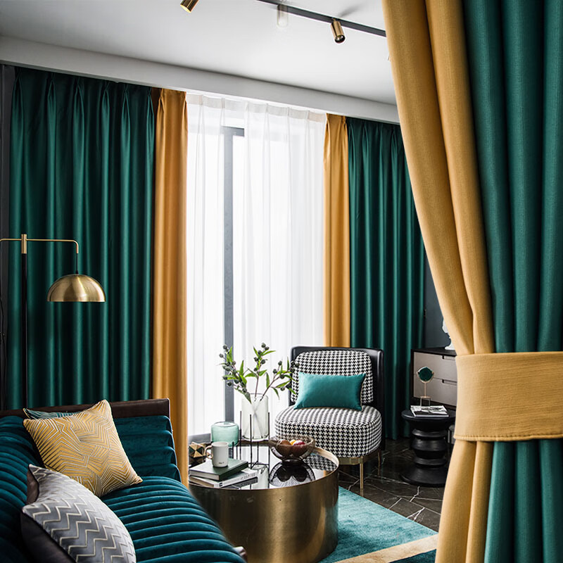 客厅窗帘成品大气轻奢2023年轻奢棉加厚遮光窗帘卧室 墨绿色 黄色拼接