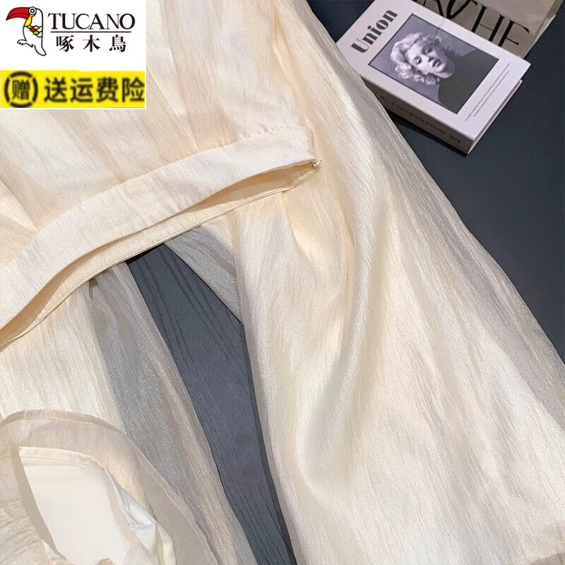 啄木鸟(TUCANO)仙气薄纱阔腿裤女夏季新款2025气质高腰垂感设计宽松休闲显瘦裤子 杏色 L 110-125
