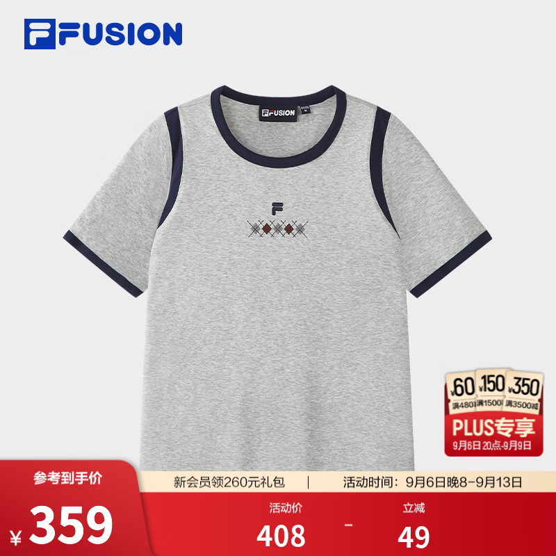 FILA FUSION 斐乐潮牌短袖T恤26秋季新款女士针织休闲基础撞色 鸽子花灰-MG L 170/88A/L