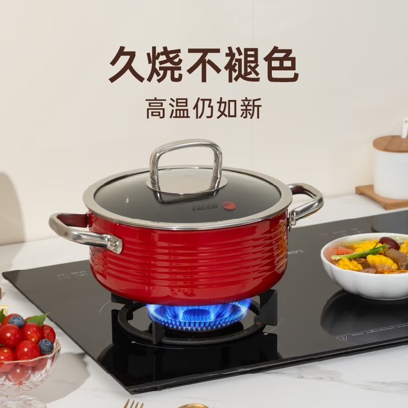 FAGOR法格西班牙工艺不锈钢珐琅汤蒸锅24cm双层可视玻璃盖深海蓝 深蓝色 24cm