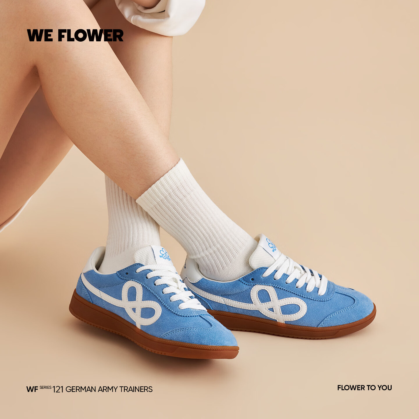 WE FLOWER轻便德训鞋2026款复古皮面男女同款秋冬季户外百搭耐磨小白鞋 冰原蓝 37 (240mm)