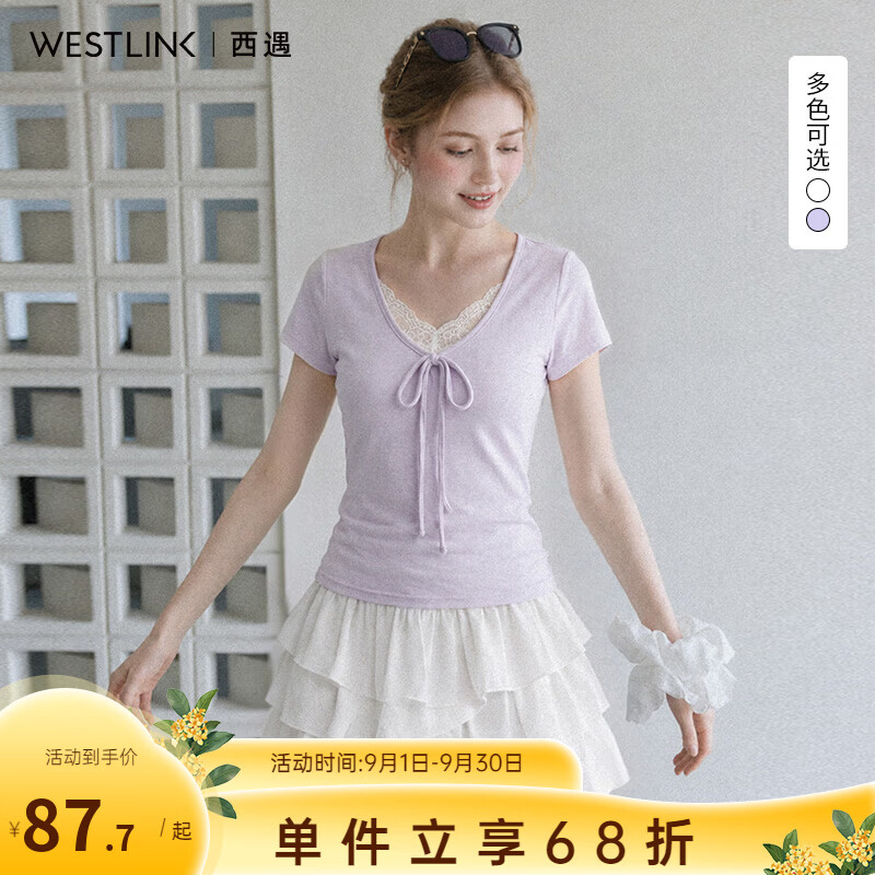 西遇（Westlink）蕾丝拼接v领短袖T恤女2026年夏季新款蝴蝶结系带收腰正肩上衣 紫色 付款15天 XL (170)