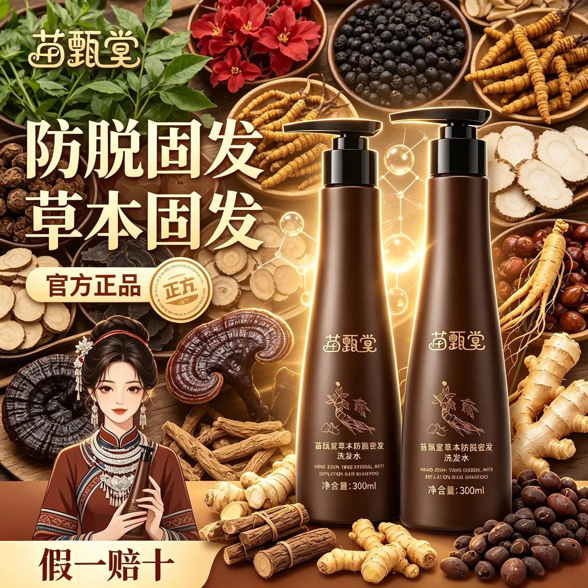 苗甄堂官方正品 【苗甄堂】 防脱草本洗发水 两瓶装300ml 某音爆款 苗甄堂/防脱洗发水/300ml*2瓶