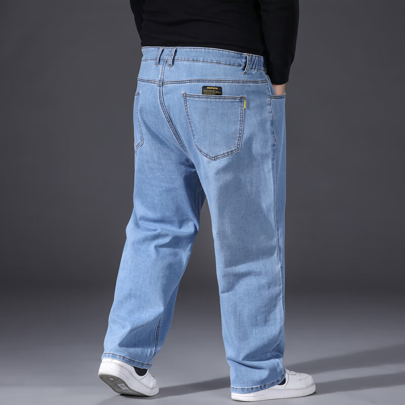 大脚牛仔裤夏季弹力大码宽松直筒胖子肥佬大口阔腿耐磨老爹裤 浅蓝色