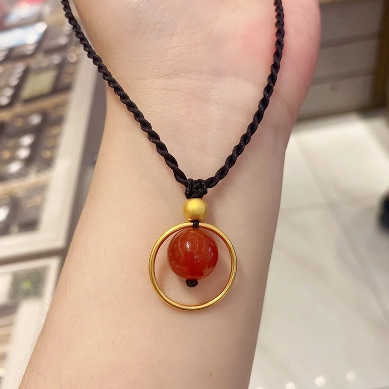 som老凤凰黄金项链999足金转运珠素圈红玛瑙吊坠女相