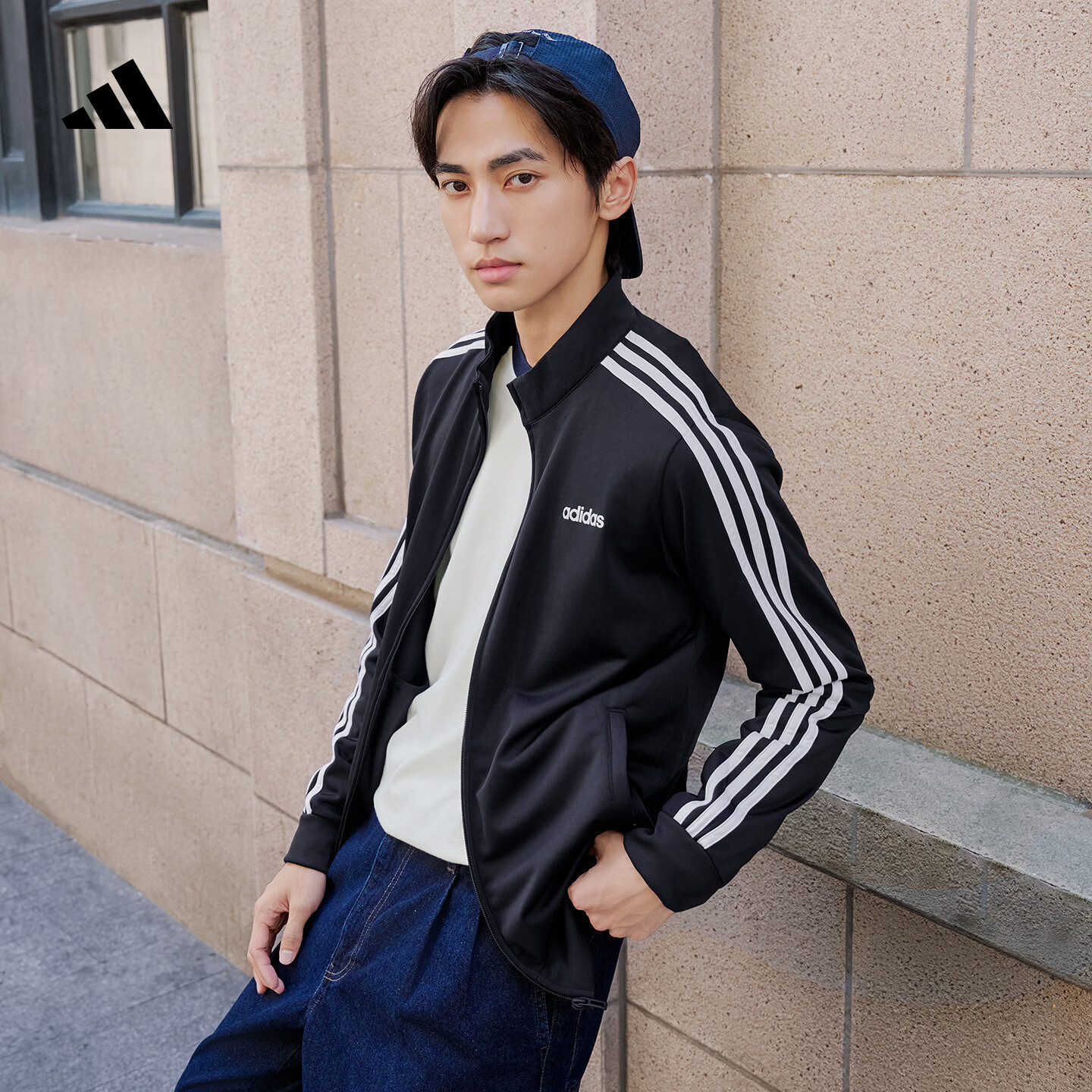 adidas休闲舒适三条纹立领夹克外套卫衣男装秋季阿迪达斯轻运动 黑色/白（推荐选大一码）   M  