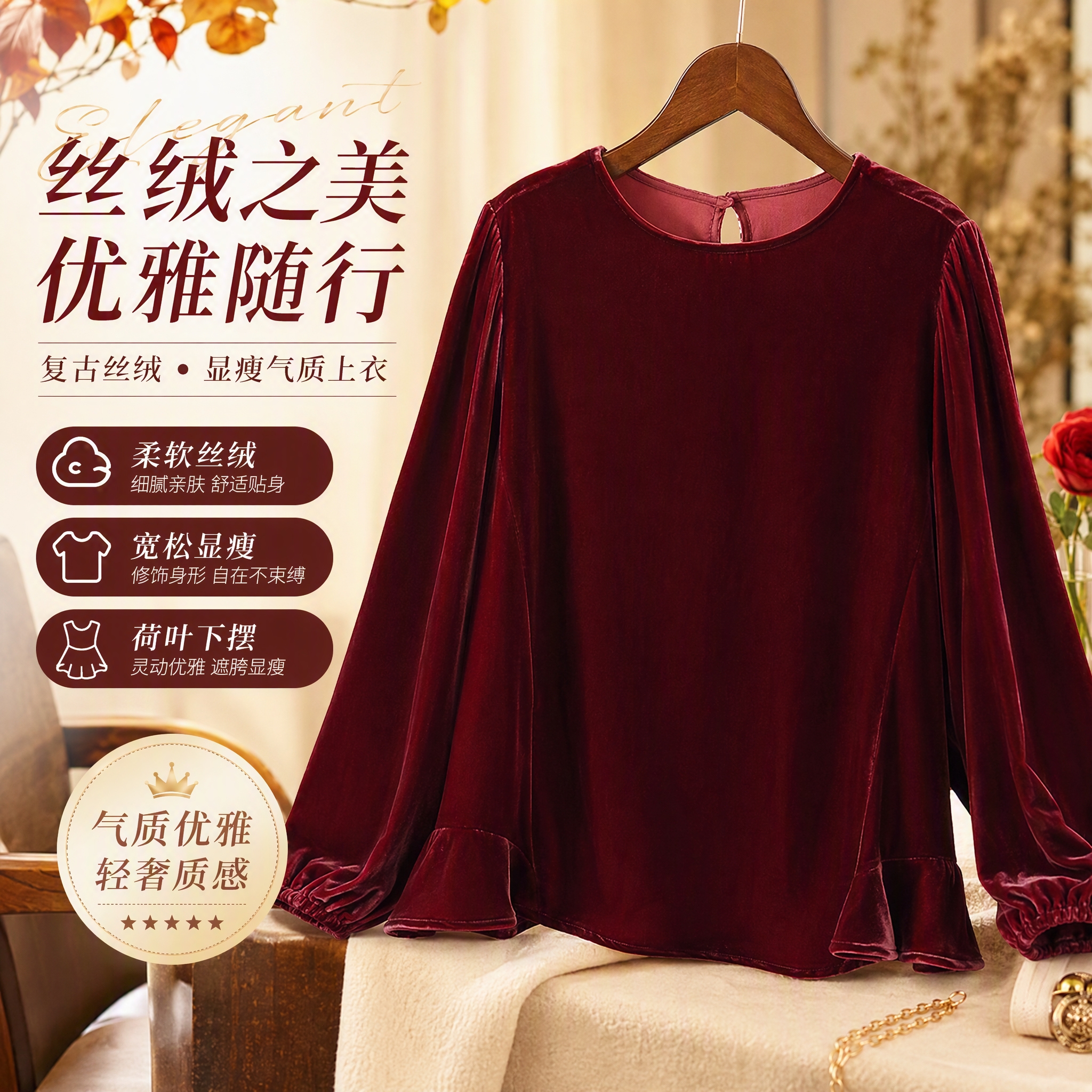【轻奢定制】樱美嘉纯色丝绒上衣女圆领七分灯笼袖甜美洋气小衫 酒红色 XL (130-140斤)