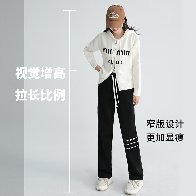 班尼路细条绒直筒裤女2026年秋冬女装新款垂顺舒适休闲保暖时尚百搭裤子 黑#纯色 XL