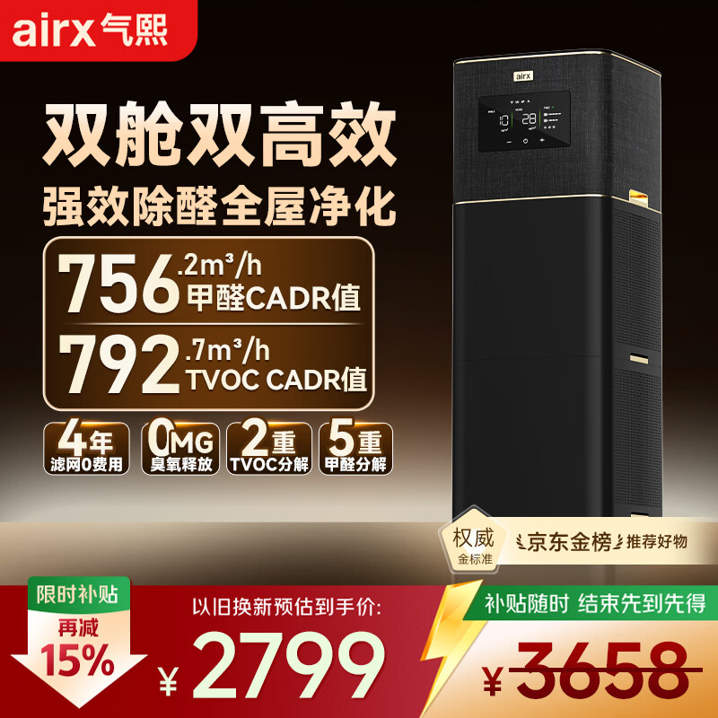 气熙（airx）空气净化器家用【除花粉过敏原】除甲醛TVOC除雾霾除菌除异味装修污染甲醛数显0臭氧空气净化器 B7