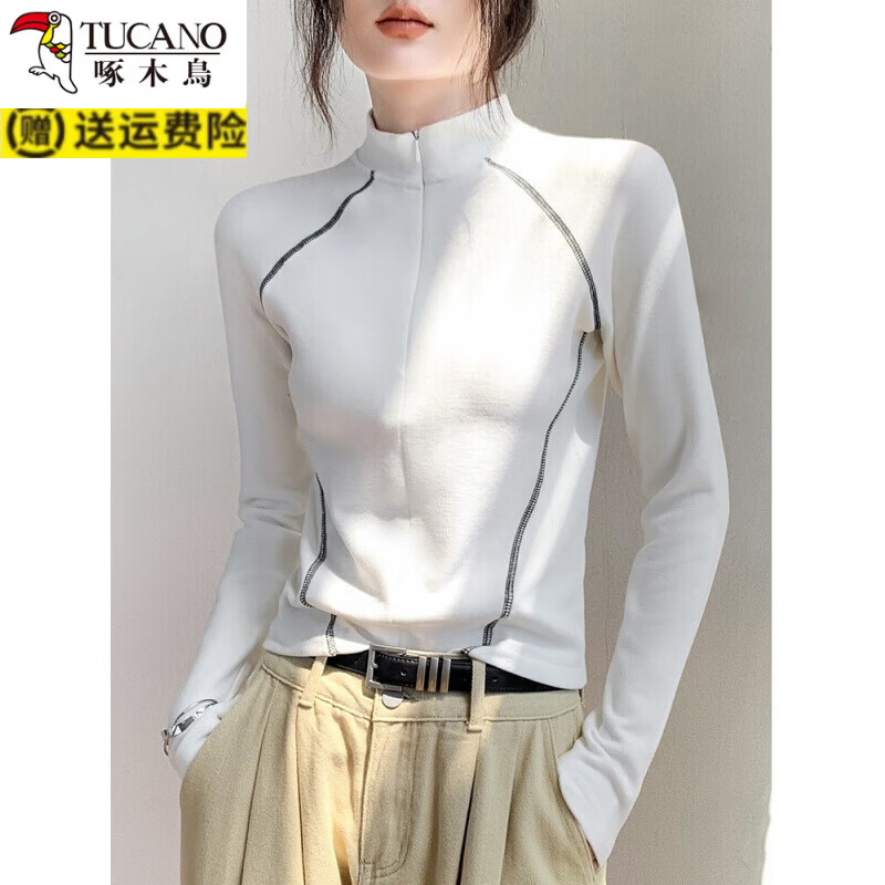 啄木鸟（TUCANO）拉链半高领双面德绒卫衣女秋冬韩版修身显瘦内搭保暖打底长袖上衣 黑色 3XL 建议130-150斤内
