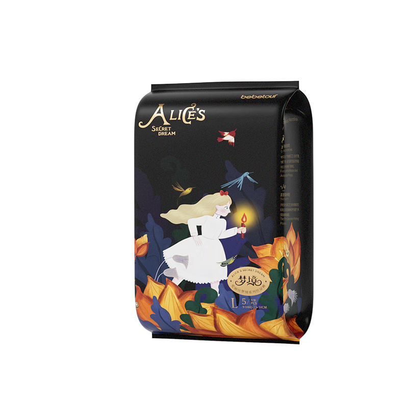 bebetour爱丽丝梦境系列婴儿纸尿裤L码（9-14kg）便携装5片奢柔升级【品牌直供 安心品质】