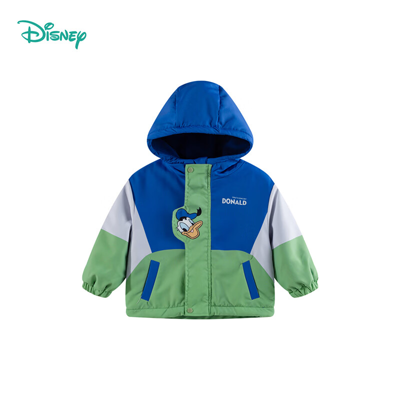 迪士尼（Disney）童装秋冬保暖男女童时尚休闲卡通舒适百搭防风儿童冲锋衣外套 （加绒）唐老鸭蓝绿 90
