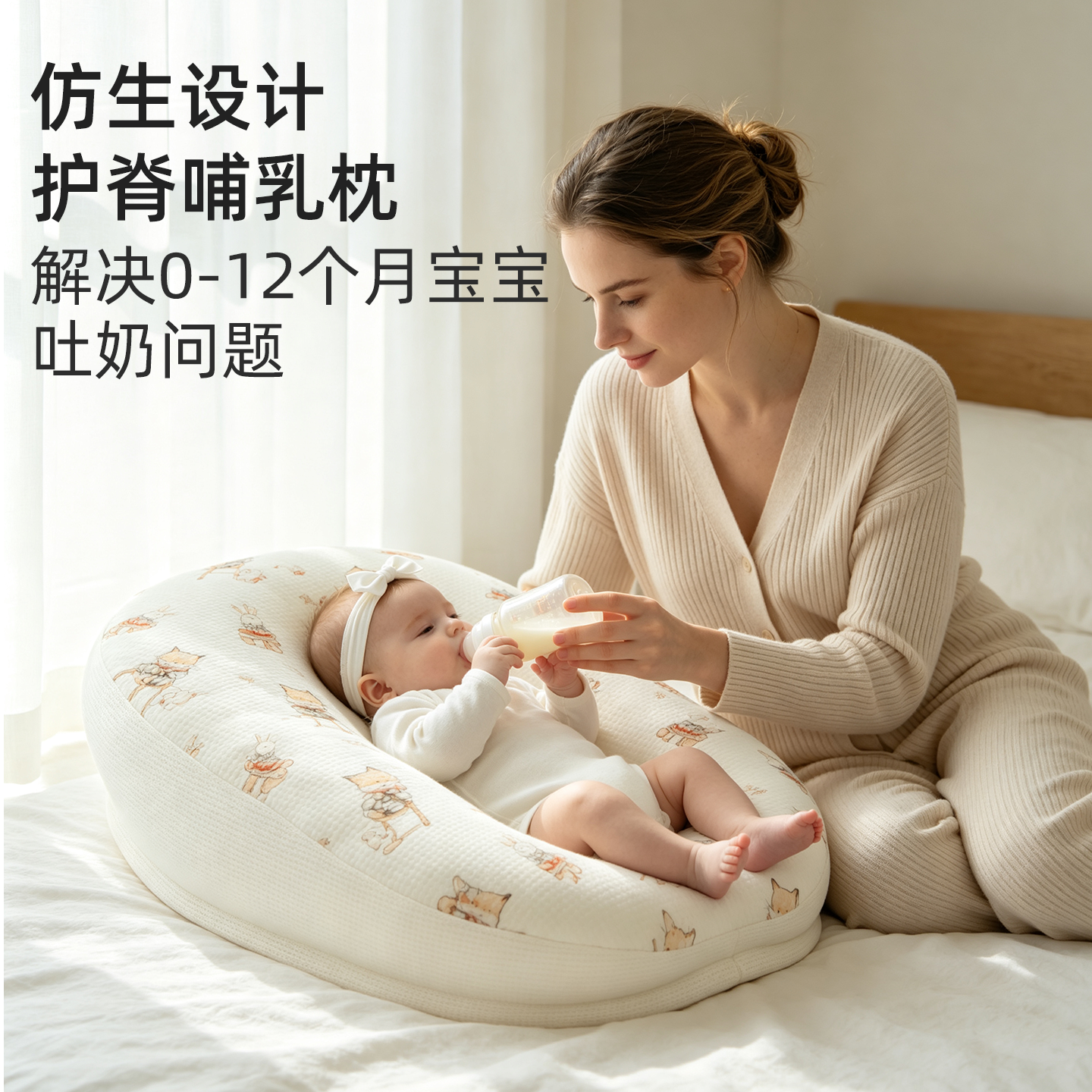 温欧斜坡枕婴儿防吐奶可躺喂奶神器新生儿睡觉用枕头垫抬头大号五个月 萌猫西西【科学躺喂-加宽不移位】双面可用