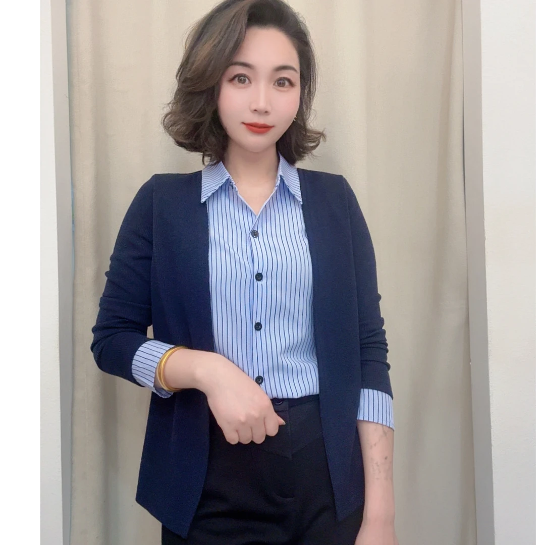 【早秋特惠】时尚早秋新款洋气遮肉显瘦复古拼接假两件衬衫针织衫 藏蓝色 5XL (150-160斤)