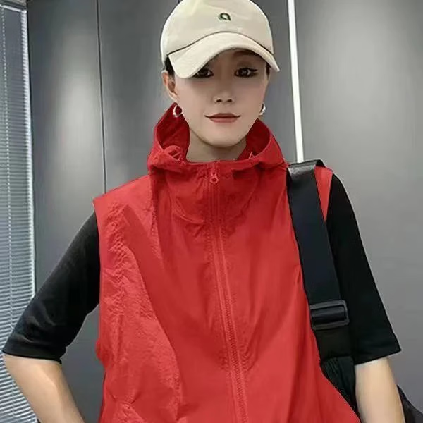 【商场同款】四季可穿休闲百搭连帽纯色显瘦时尚透气工装马甲女 红色 XL 建议125斤-140斤