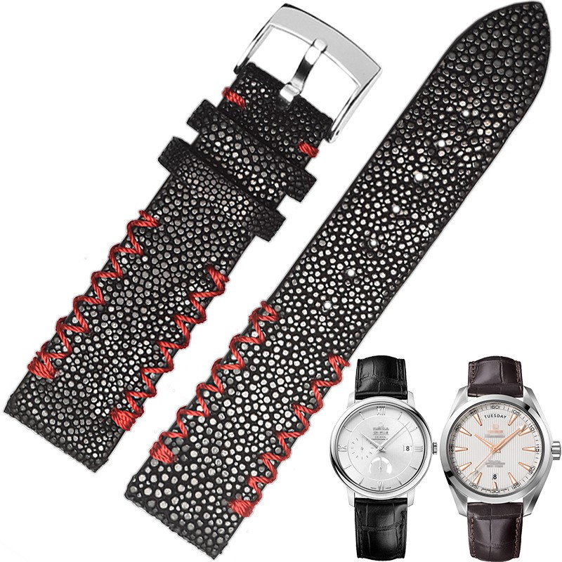 适用于欧米茄omega海马212珍珠鱼皮表带超霸蝶飞424/431手表带男士针