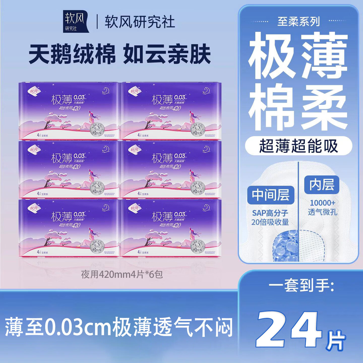 软风研究社【夜用】至柔卫生巾夜用姨妈巾卫生棉干爽透气加长360/420mm24片 棉柔 360mm 24片 全夜用