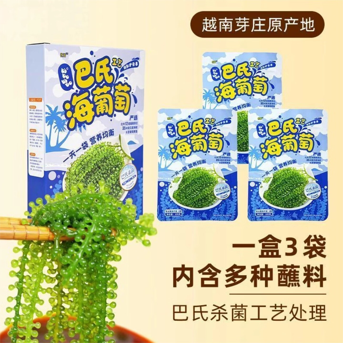 正宗海葡萄蓝盒盐渍海藻植物鱼子酱儿童爱吃网红零食附蘸料特产 一盒【送蘸料酱油芥末番茄酱】