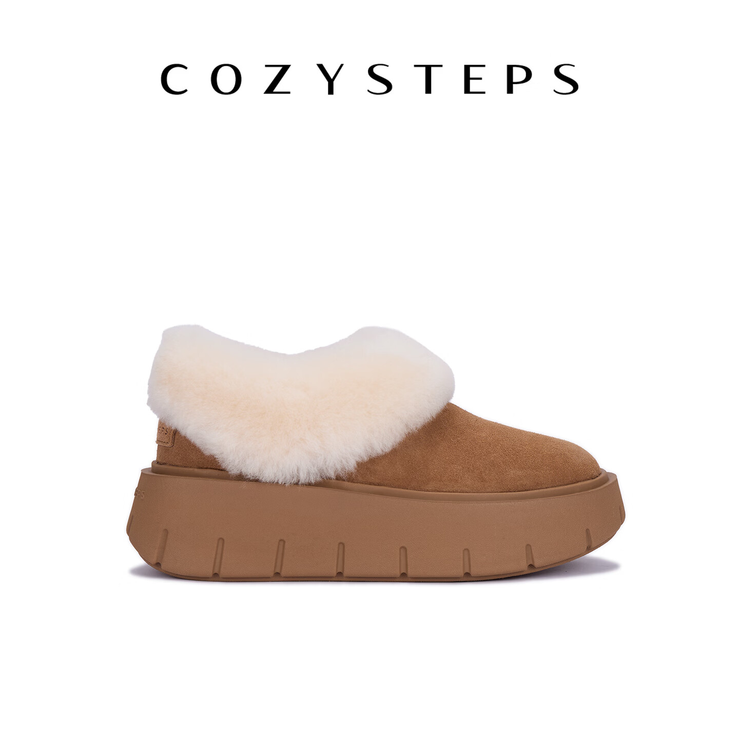 COZY STEPS可至女士26冬季新款羊皮毛一体穆勒厚底饼干拖保暖雪地靴 栗色 35