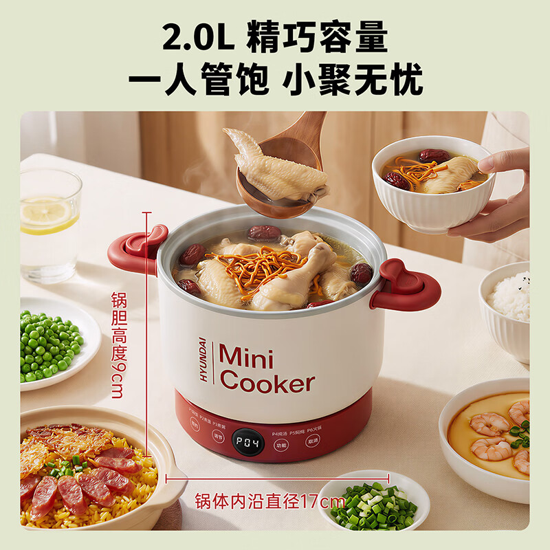 HYUNDAI多功能电煮锅家用小电锅钛涂层不粘多功能蒸煮煎炒一体电热锅宿舍1-2人学生煮面锅电火锅3L 红色2L丨600W两档【微电脑蒸笼款】