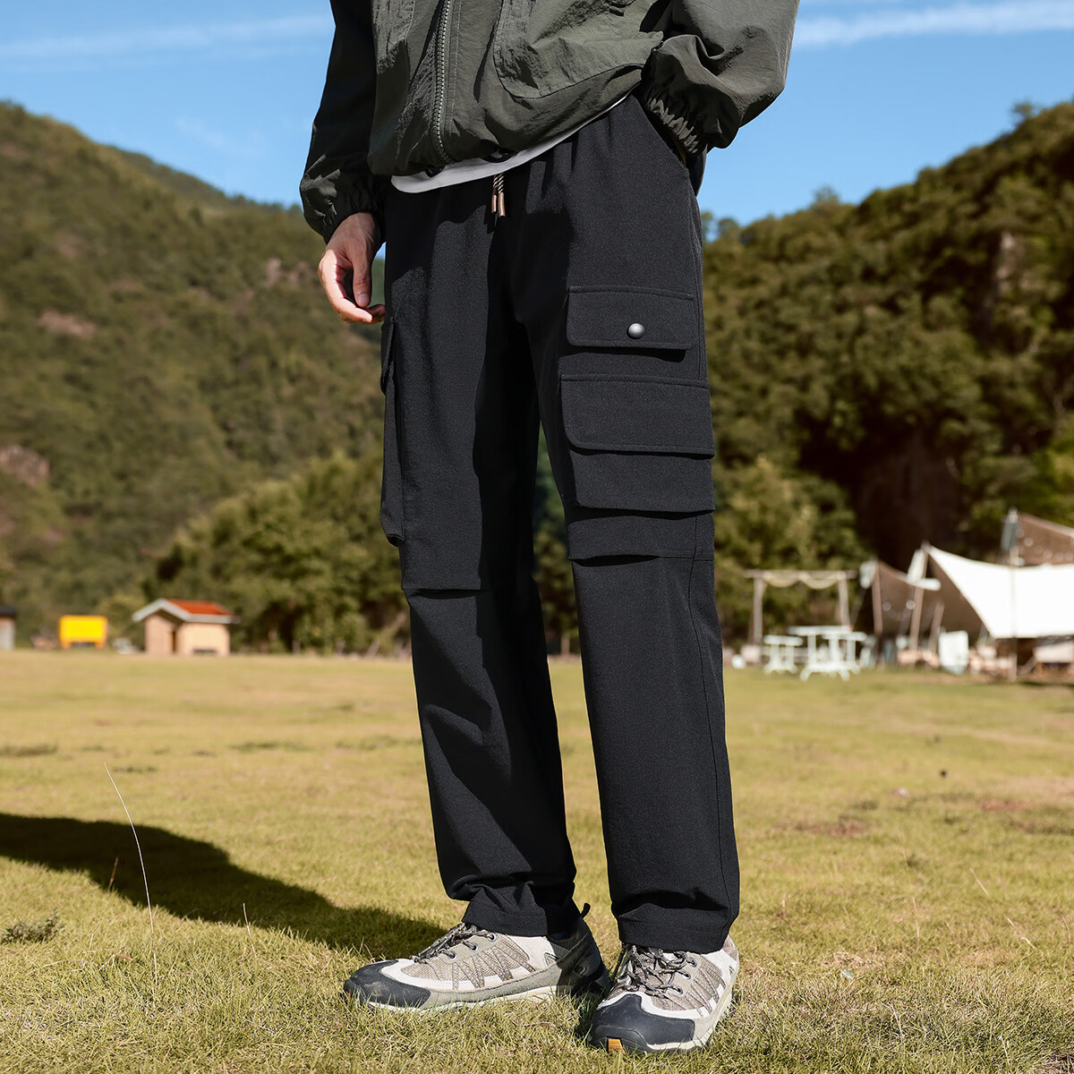 布衣传说复古机能工装裤男士山系伞兵裤秋季直筒宽松运动休闲长裤 黑色 3XL