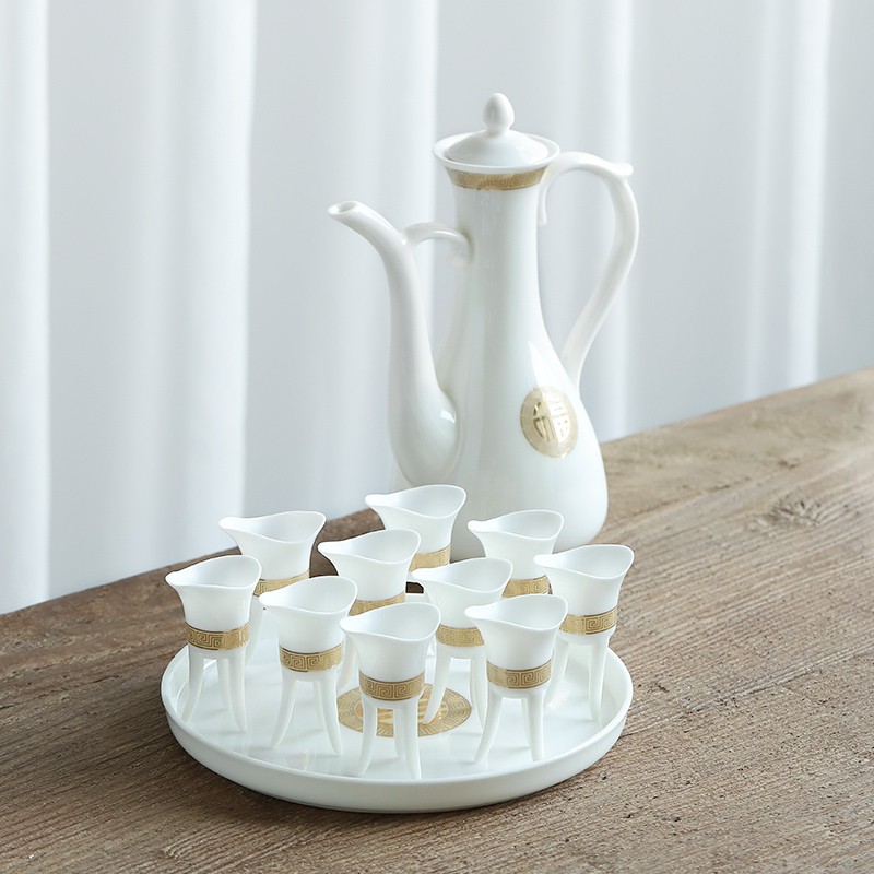 泥印 高档中国白万福薄胎酒具套装白酒高脚带托盘酒杯分酒壶中秋礼品