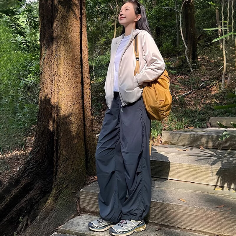 浪莎工装裤女夏季小个子冰丝运动阔腿裤速干裤显高显瘦宽松两穿休闲裤 藏青色 M 【推荐95-110斤】