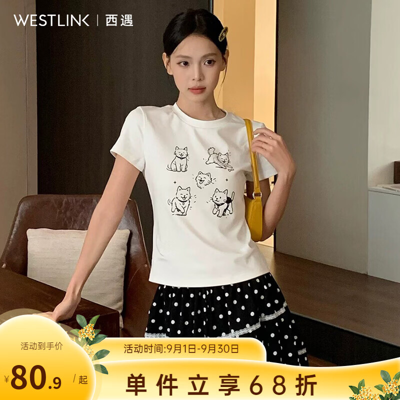 西遇（Westlink）可爱猫咪印花短袖T恤女2026年夏季新款圆领正肩白色百搭上衣 白色 S (155)
