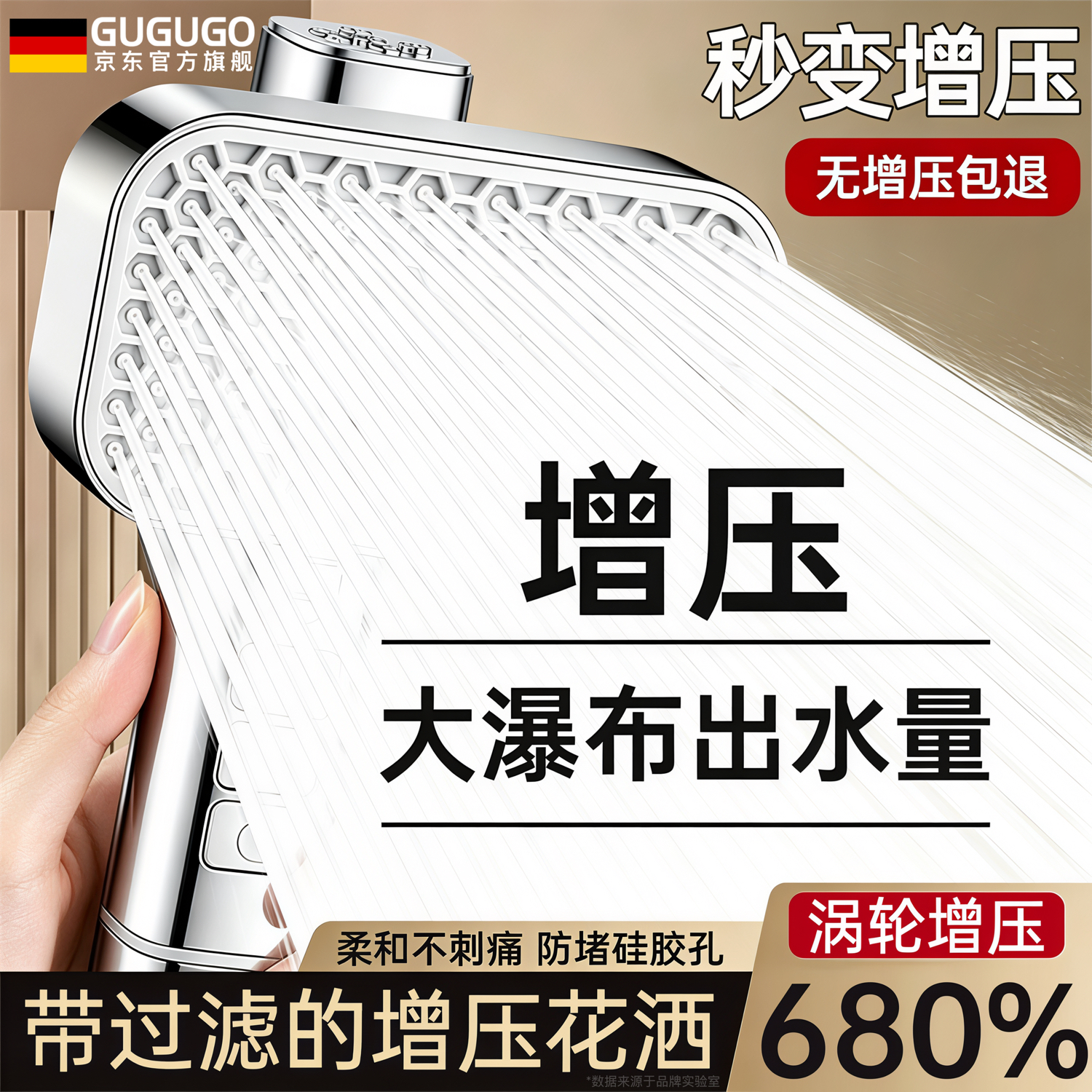 GuGuGo【德国】增压淋浴花洒喷头带软管新款超强高压大出水浴室过滤花洒 淋浴花洒单喷头【可旋转面板】亮银 巨幕增压大水丨不增压包退