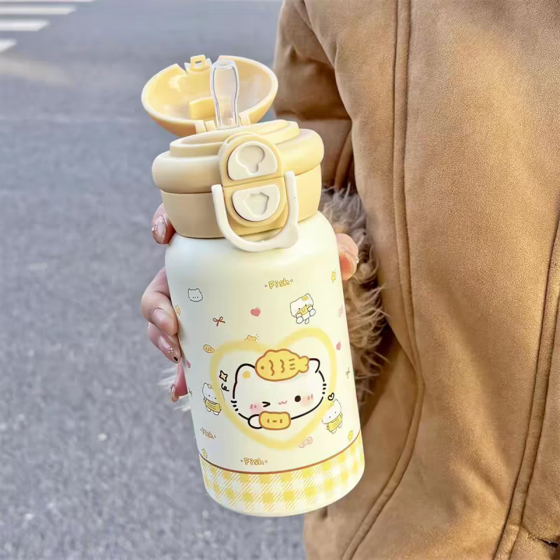 希诺(heenoor)可爱轻松熊保温杯水杯女生高颜值儿童上学专用吸管杯子大容量可携 爱心小猫星球杯【500ml】