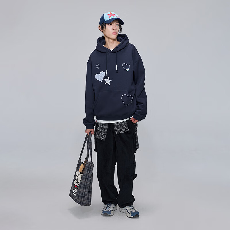 古由卡(GUUKA)连帽卫衣男士秋冬350g重磅抓绒加厚落肩爱心星星贴布街头休闲帽衫 深蓝色 W6400 2XL