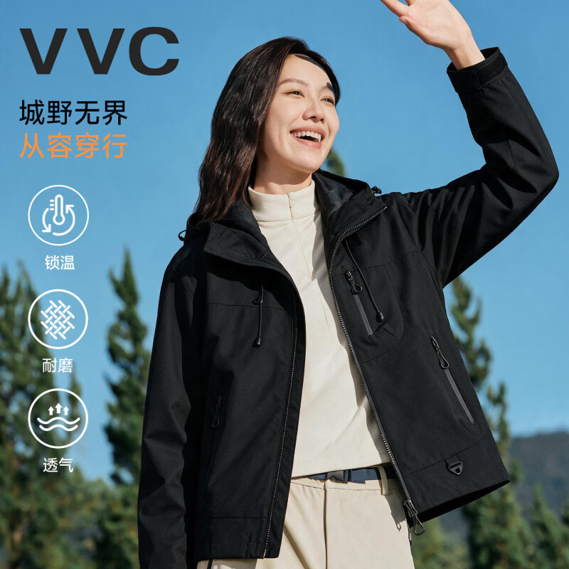 VVC冲锋三合一男女防风防水户外出行轻旅保暖御寒外套WZ 无月黑 M 建议【155-165 100~125】