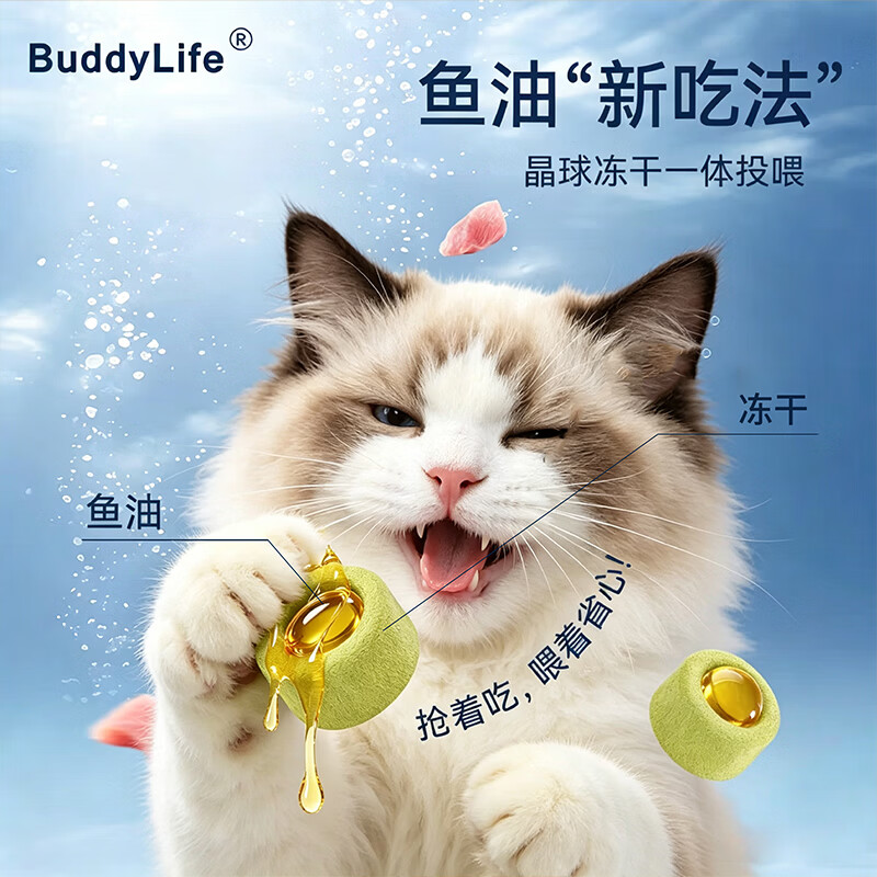 buddylife宠物鱼油美毛防掉毛胶囊 秘鲁进口凤尾鱼油+高纯鸡肉冻干 2个月喂食量 强韧亮泽 140粒*10盒