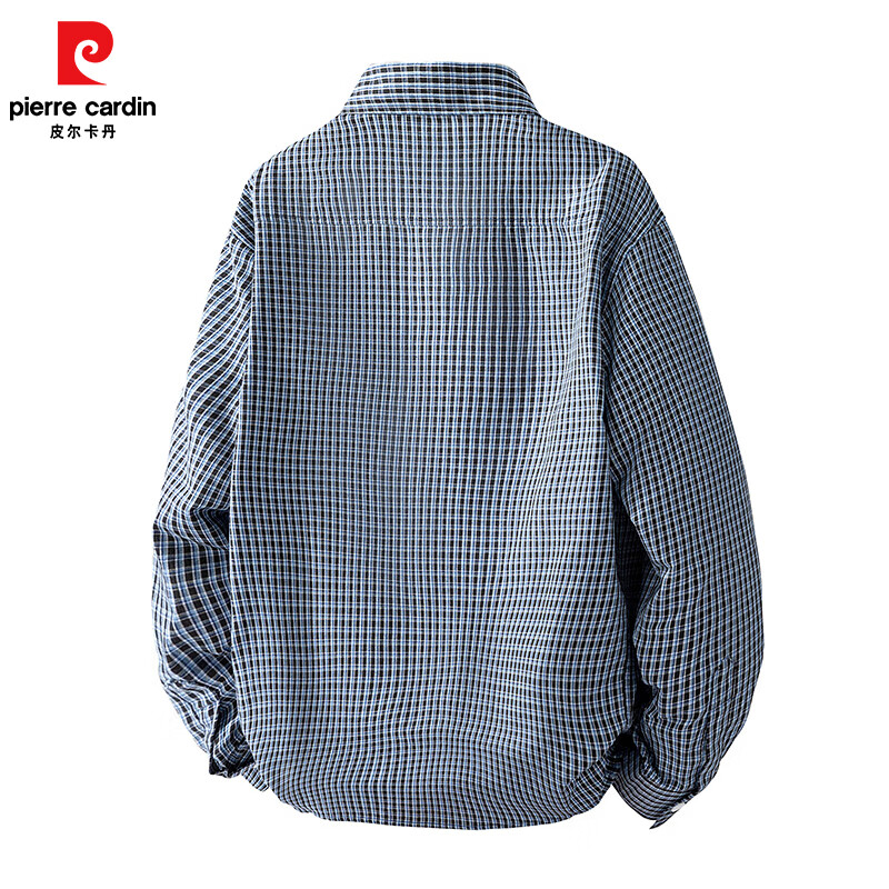 皮尔卡丹春秋季青年时尚棉格子衬衫男士长袖外套上衣款 蓝黑格 3XL