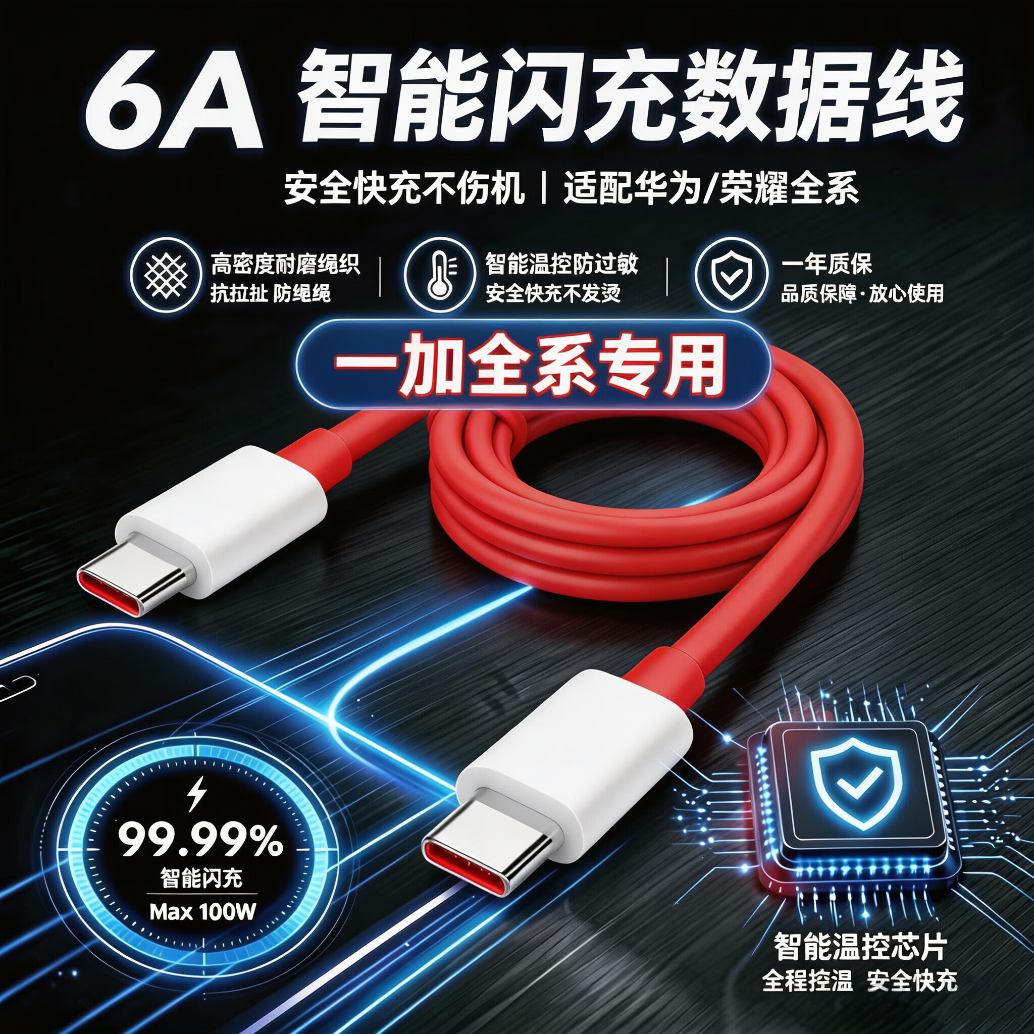尼彩闪充100w超级闪充线Type-c快充数据线智能控温闪充不伤机 【6A闪充数据线双Type-C接口】 1.5m 2条 1年质保-加粗铜芯-智能控温不伤机