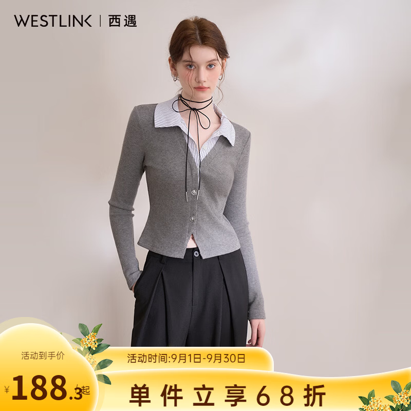 西遇（Westlink）2026秋季设计感假两件POLO领毛衣T恤女修身针织上衣 灰色 M (160)