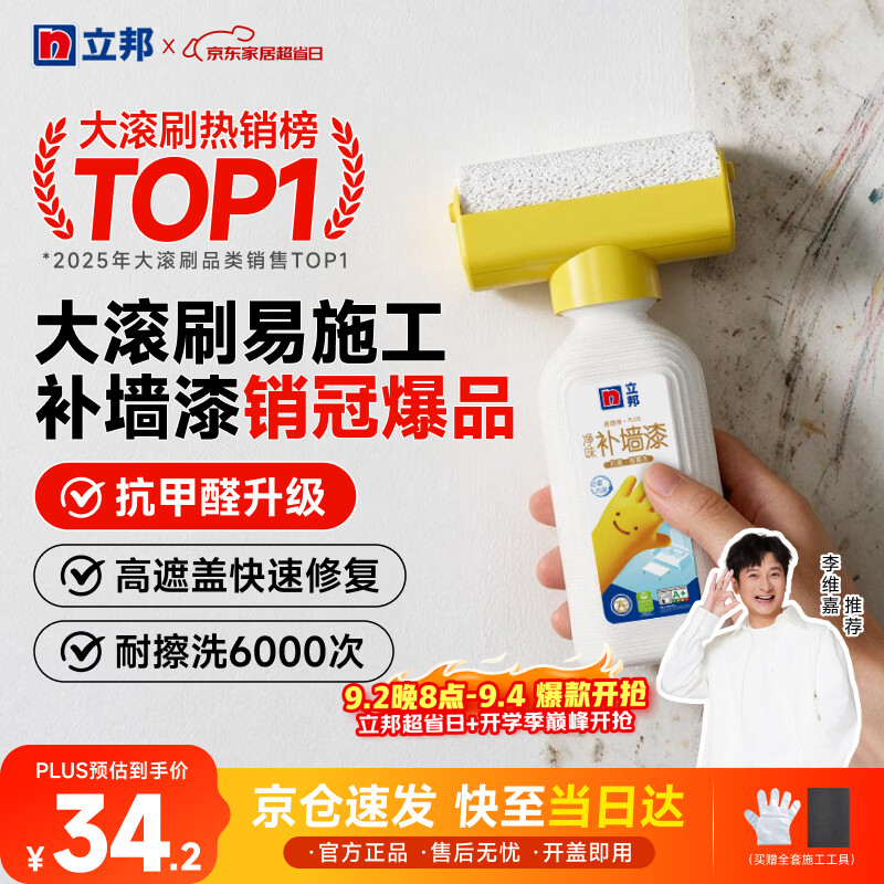 立邦墙面修复补墙膏补墙漆防霉滚筒去污神器翻新乳胶漆涂料白色500g