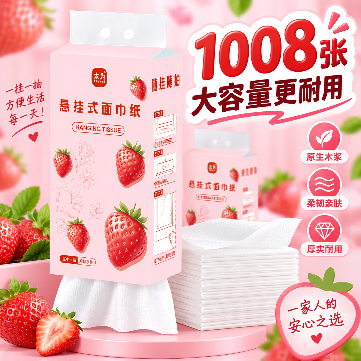 整箱12大提悬挂式抽纸6层加厚大包家用卫生纸擦手纸面巾纸抽纸巾 【可爱系列/粉色草莓】12提