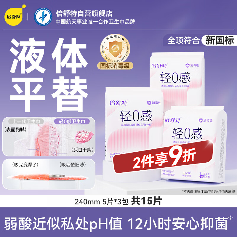 倍舒特轻0感超薄液体平替日用卫生巾240mm5片*3包卫生巾京东自营姨妈巾