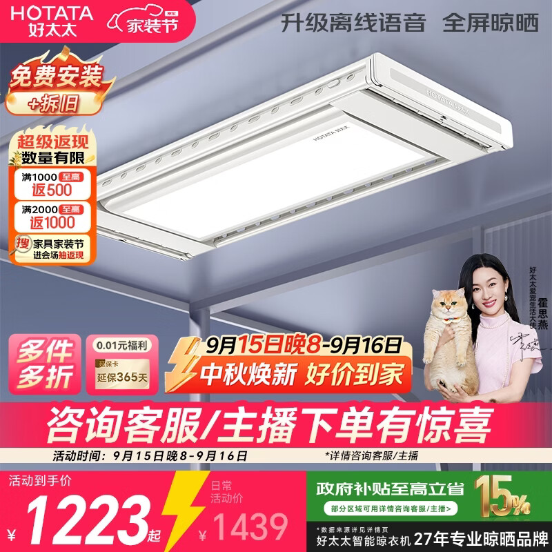 好太太（Hotata）智能晾衣机隐形超薄升降电动晾衣架D-3272离线语音