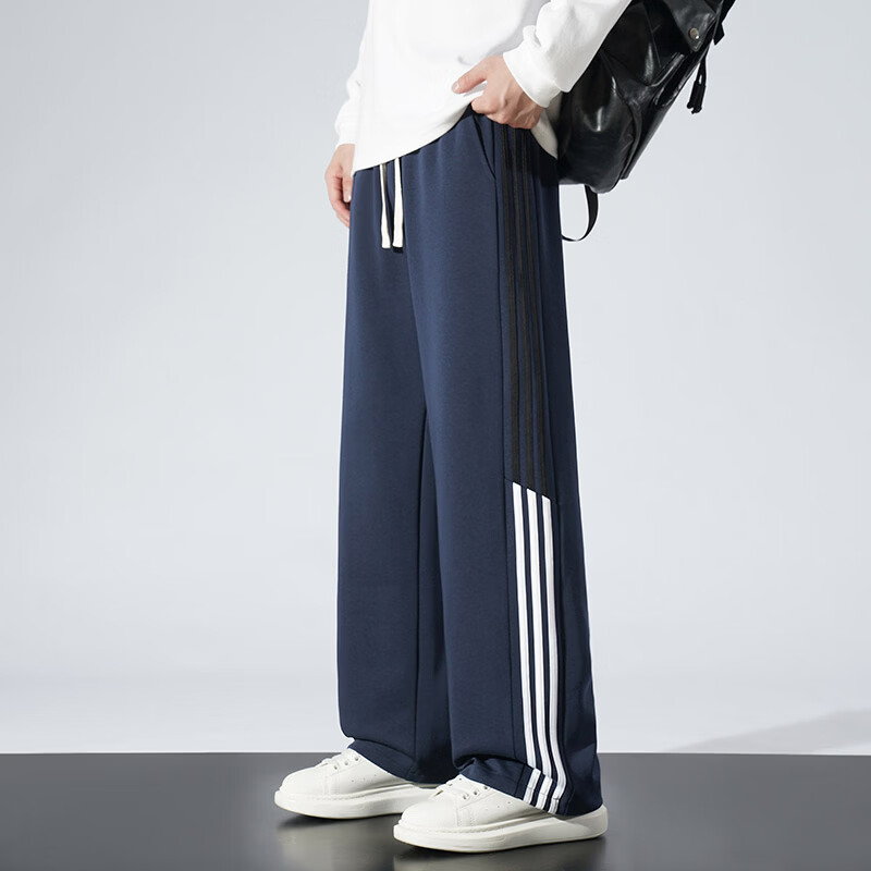 三条杠春秋冬休闲运动裤男女同款宽松直筒棉质大码卫裤 灰色【夏季薄款】 M 建议体重100~115斤